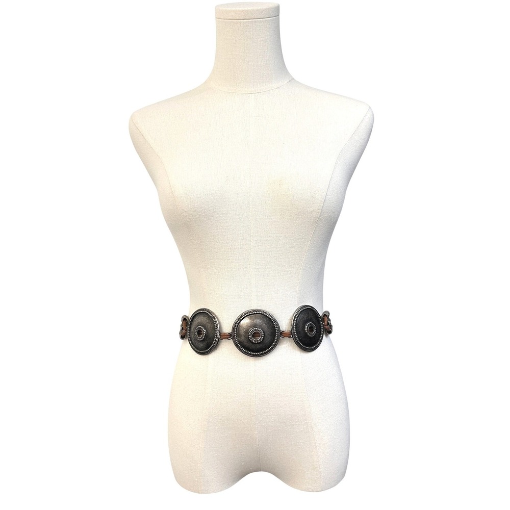 VTG 90s Pewter Tone Disc Waist Belt S/M Leather Laced Stretch Adjustable - Picture 3 of 8